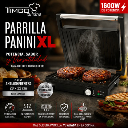 Parrilla Panini Grande TIMCO 1600W Sandwichera Profesional Acero Inoxidable Placas Antiadherentes 28×22 cm PANINI510M