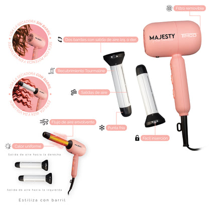 Secadora de Cabello Rizador 2 Barriles 25 mm Majesty Peach Tourmaline Timco SDD104
