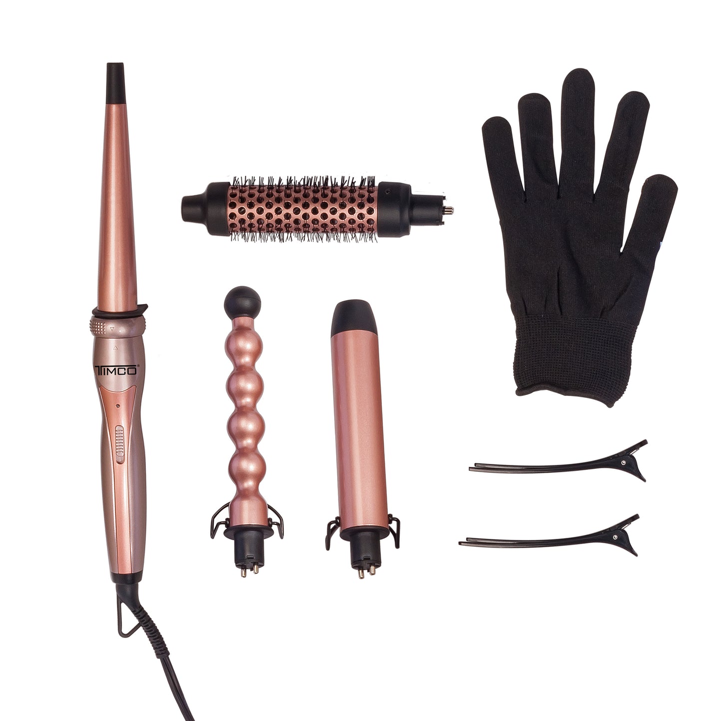 Kit Combo 4 en 1 Ferro Cepillo Tenaza Rizadora de Cabello Puntas intercambiables con Guante Protector Antifrizz Control Keratin Timco TDL288