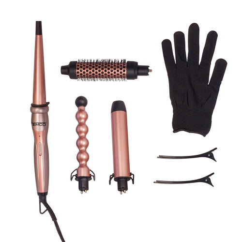 Kit Combo 4 en 1 Ferro Cepillo Tenaza Rizadora de Cabello Puntas intercambiables con Guante Protector Antifrizz Control Keratin Timco TDL288