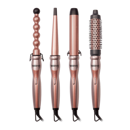 Kit Combo 4 en 1 Ferro Cepillo Tenaza Rizadora de Cabello Puntas intercambiables con Guante Protector Antifrizz Control Keratin Timco TDL288