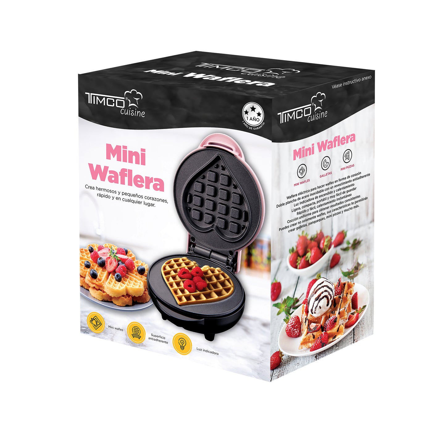 Wafflera Eléctrica para Waffles Estilo Belga Waffles de Corazon Maquina con Plancha Antiadherente Timco WAFL109