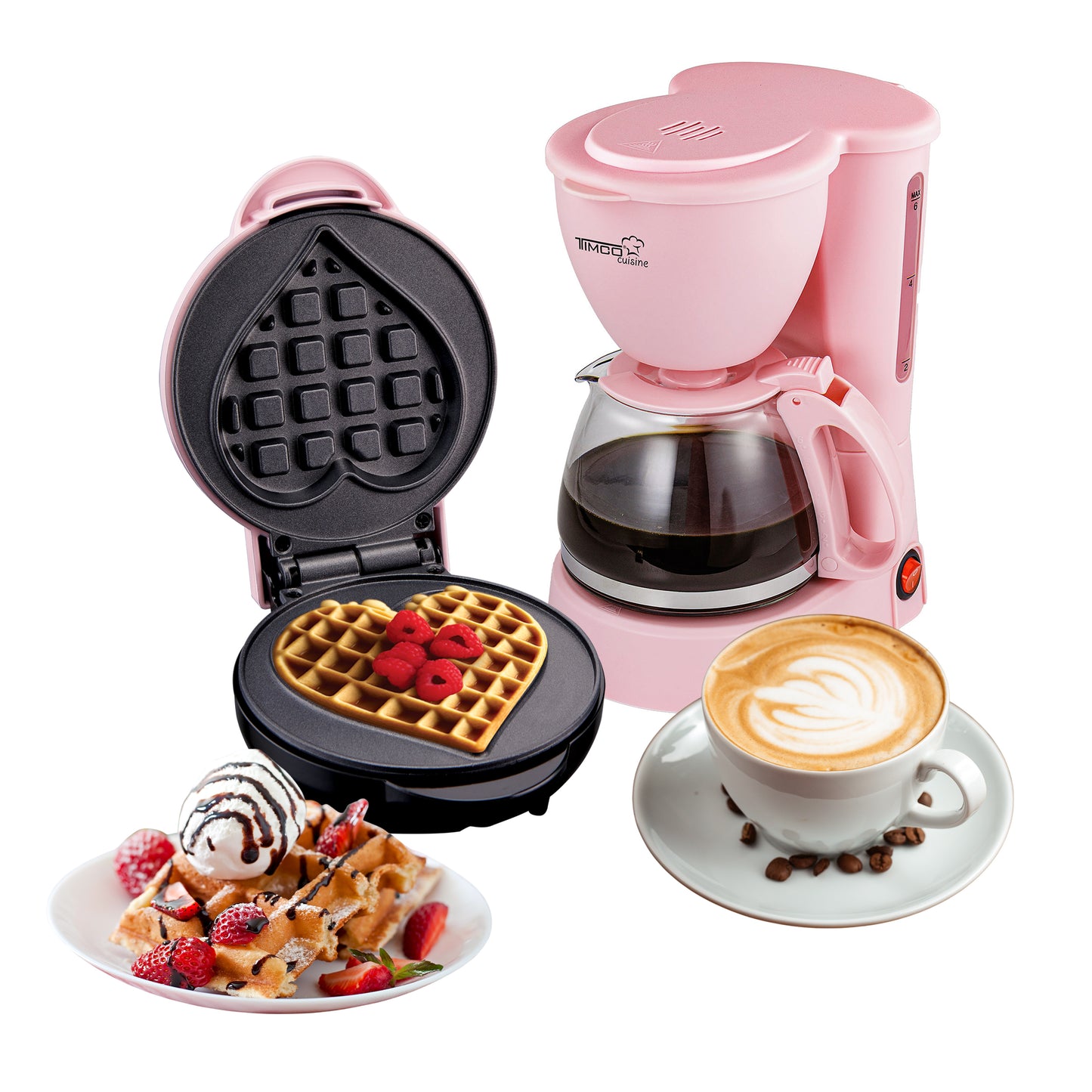 Combo Cafetera 750 ml Filtro Permanente Antigoteo + Waflera Eléctrica Antiadherente Waffles en Forma de Corazón TIMCO COM-DES1