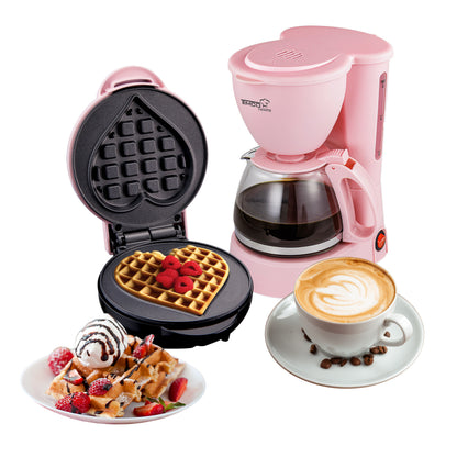 Combo Cafetera 750 ml Filtro Permanente Antigoteo + Waflera Eléctrica Antiadherente Waffles en Forma de Corazón TIMCO COM-DES1
