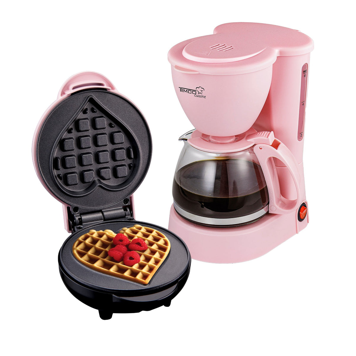Combo Cafetera 750 ml Filtro Permanente Antigoteo + Waflera Eléctrica Antiadherente Waffles en Forma de Corazón TIMCO COM-DES1