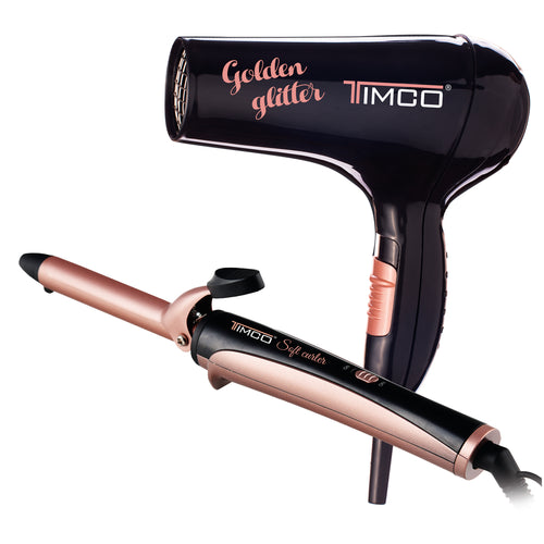 Kit Combo Secadora de Cabello y Tenaza Rizadora Ceramica Keratina Timco COM-9