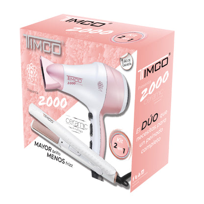 Kit Combo Secadora de Cabello con Boquilla y Plancha Alaciadora Ceramica Timco COM-08 SIN