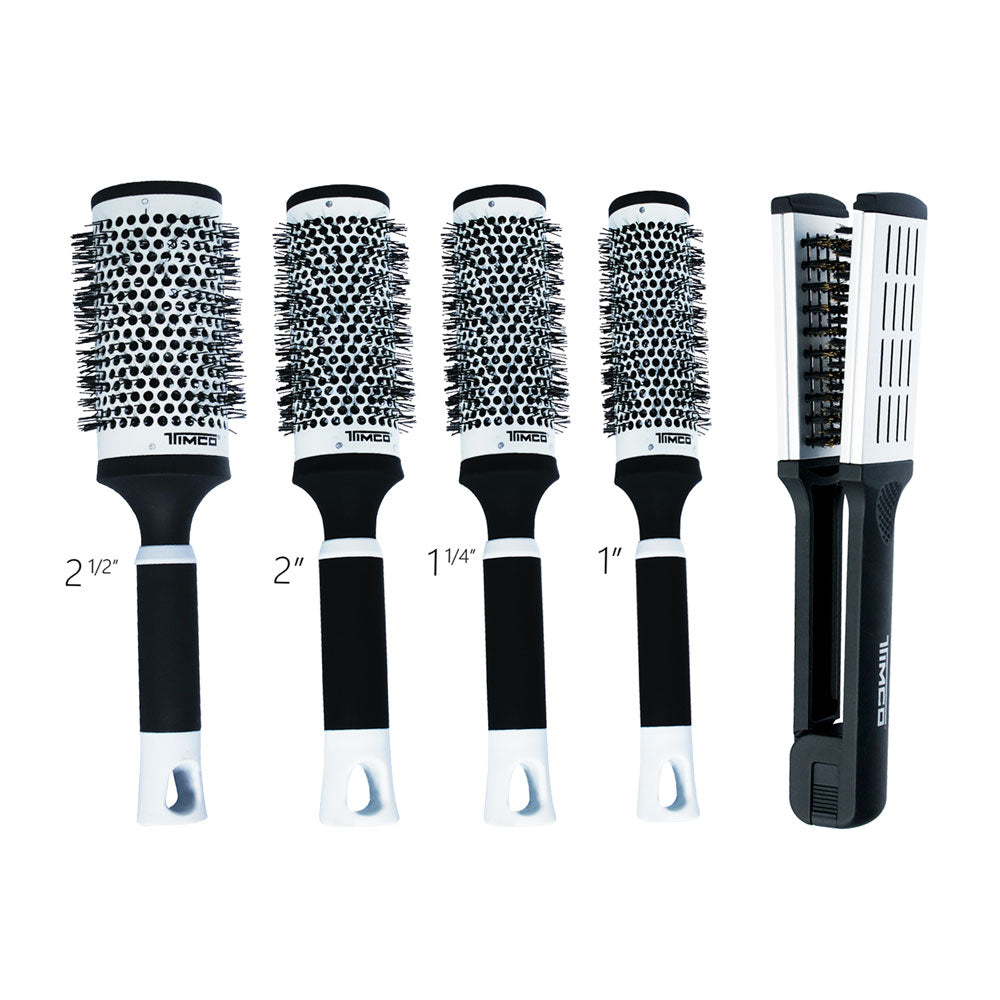Kit Combo 5 en 1 con 4 Cepillos Redondos Térmicos Cerámica y 1 Cepillo Térmico Alaciador Uso Profesional Timco COM-CCR