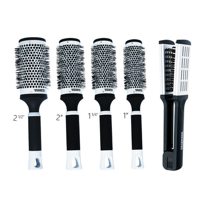 Kit Combo 5 en 1 con 4 Cepillos Redondos Térmicos Cerámica y 1 Cepillo Térmico Alaciador Uso Profesional Timco COM-CCR