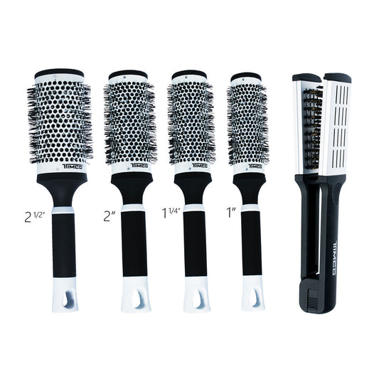 Kit Combo 5 en 1 con 4 Cepillos Redondos Térmicos Cerámica y 1 Cepillo Térmico Alaciador Uso Profesional Timco COM-CCR