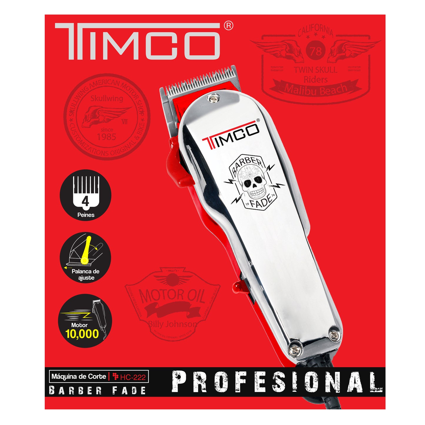 Maquina de Corte Cabello Barba Eléctrica Uso Profesional Clipper Motor Magnetico Peines Guia de Aumento Timco HC-222