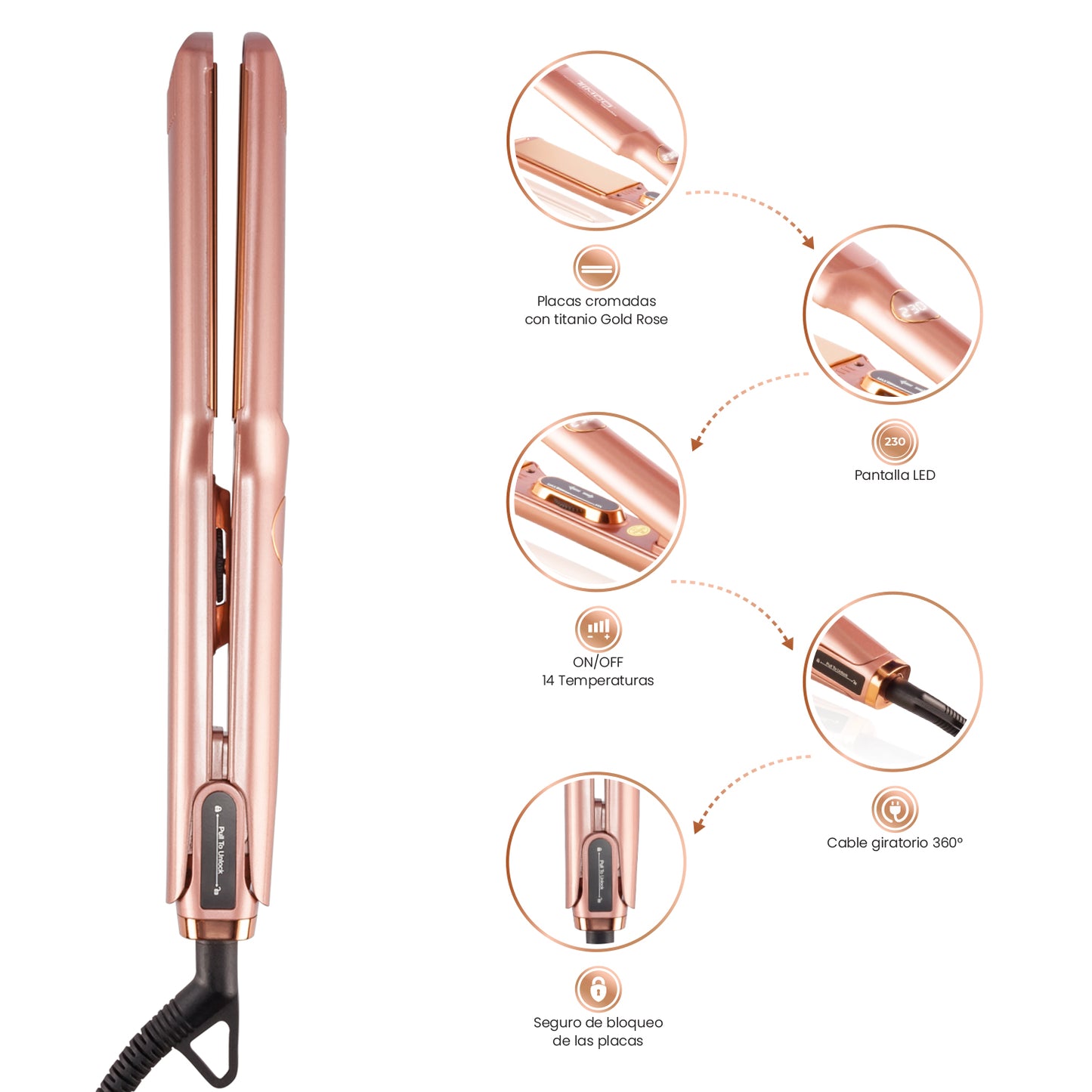 Plancha Alaciadora de Cabello Uso Profesional Titanio Gold Rose 4 cm Antifrizz Control Keratin Timco P1100