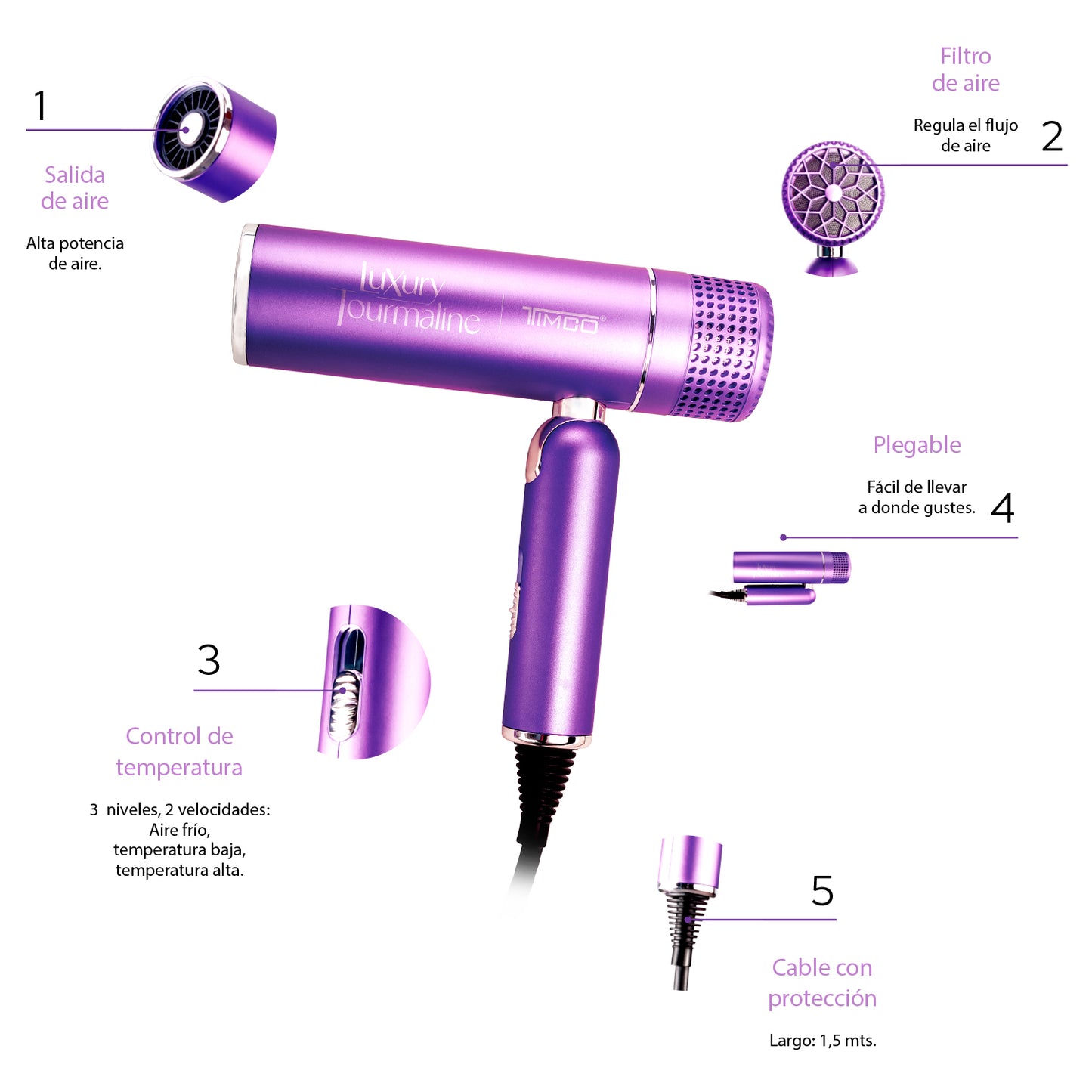 Secadora de Cabello Plegable con Difusor y Boquilla Luxury Tourmaline Timco SM3600