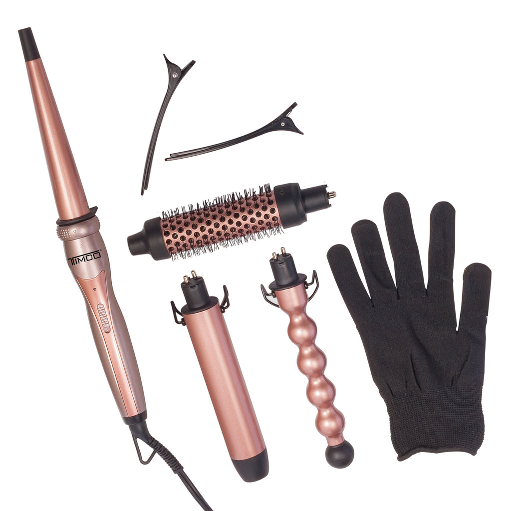 Kit Combo 4 en 1 Ferro Cepillo Tenaza Rizadora de Cabello Puntas intercambiables con Guante Protector Antifrizz Control Keratin Timco TDL288