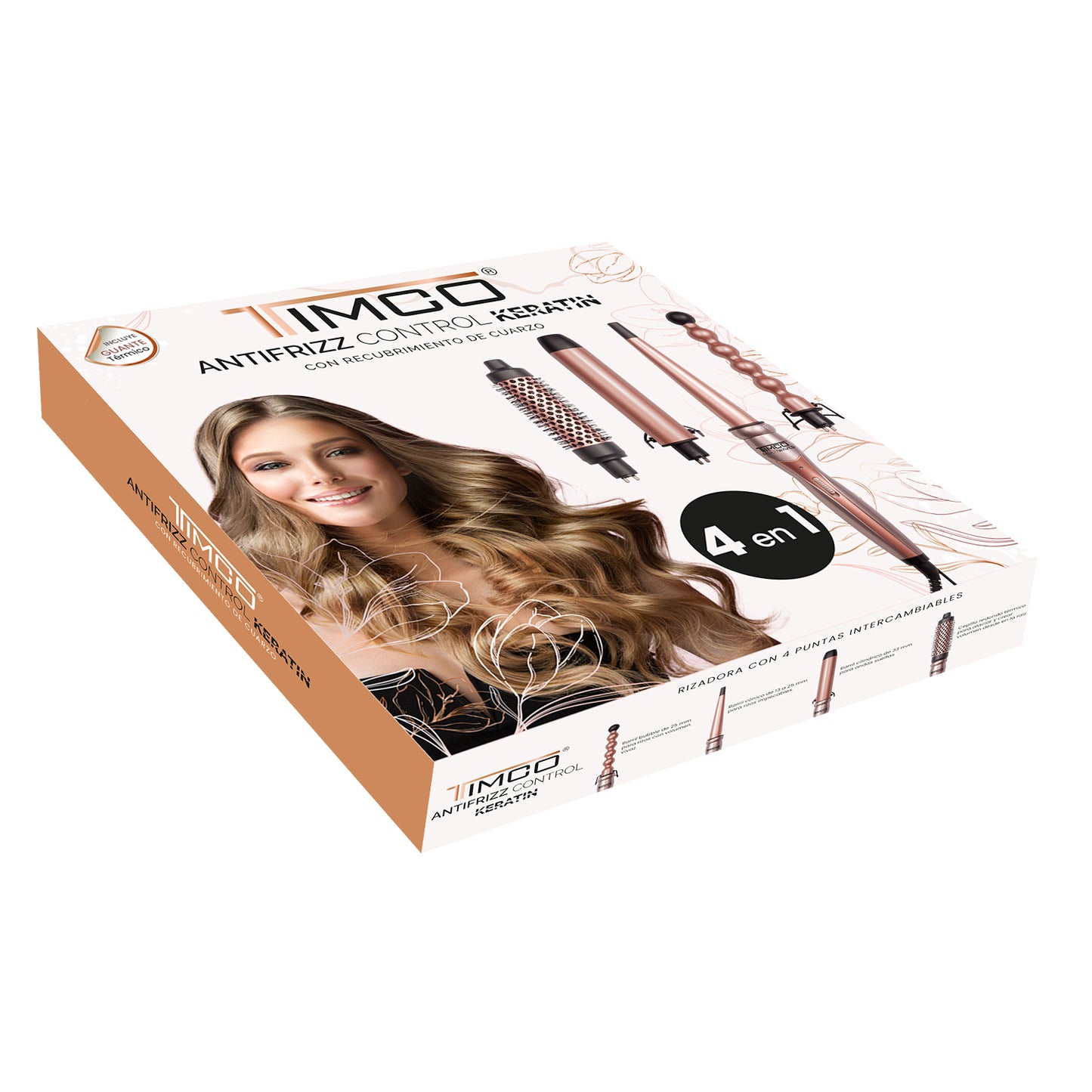 Kit Combo 4 en 1 Ferro Cepillo Tenaza Rizadora de Cabello Puntas intercambiables con Guante Protector Antifrizz Control Keratin Timco TDL288