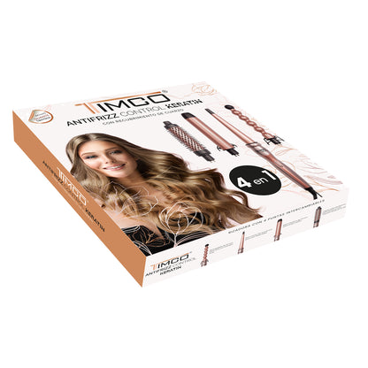 Kit Combo 4 en 1 Ferro Cepillo Tenaza Rizadora de Cabello Puntas intercambiables con Guante Protector Antifrizz Control Keratin Timco TDL288